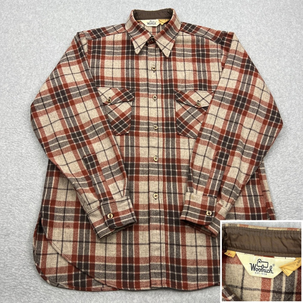 VTG Woolrich Wool Flannel Mens Large Rust Plaid Heavyweight Long Sleeve Shirt